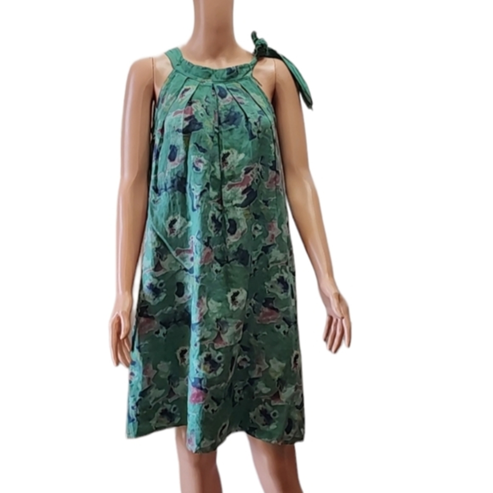Bellambia Made In Italy Linen Halter Dress‎ Size XS Green Floral Pullover Tie
